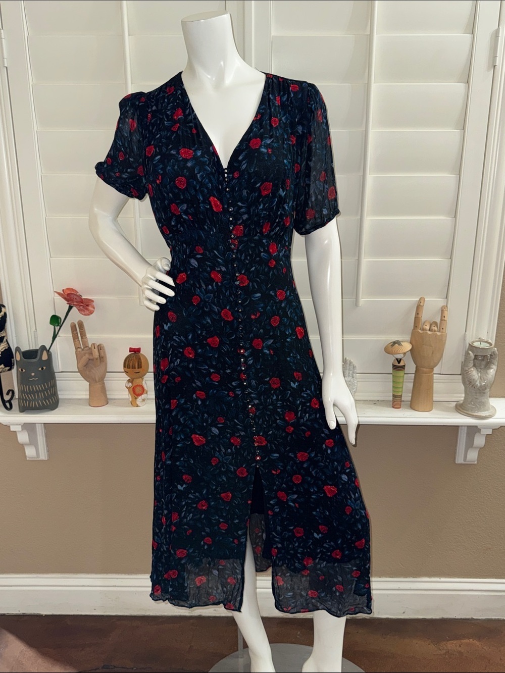 The Kooples Poison Roses Button Front Midi Dress